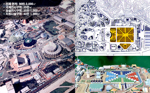 대전엑스포 93의 시설정보, 전체면적 90만 2000㎡ 국제전시구역 25만㎡ 상설전시구역 25만 1000㎡ 지원시설구역 40만 1000㎡